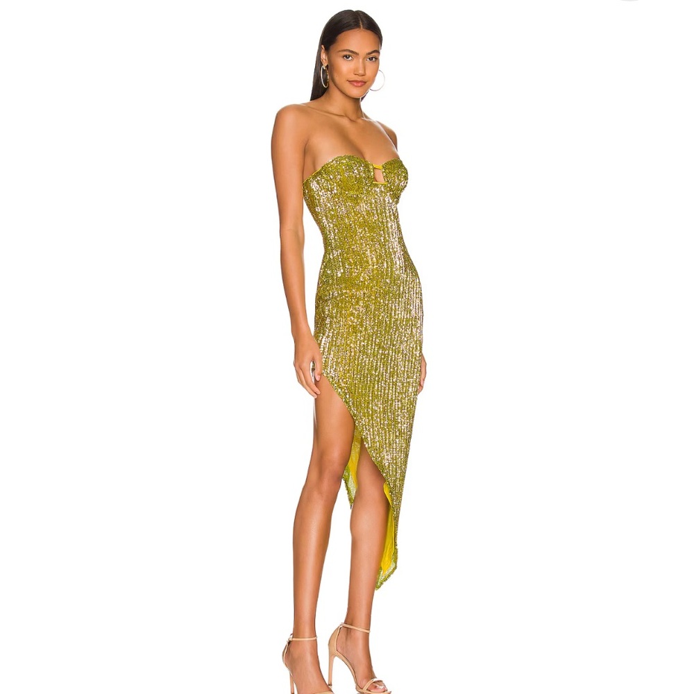 Camila Coelho Chartreuse Sequin Strapless Asymmetric Midi Dress